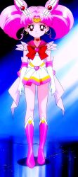  1990s_(style) 1girl bare_legs bishoujo_senshi_sailor_moon bishoujo_senshi_sailor_moon_s breasts chibi_usa earrings full_body gloves hair_ornament highres jewelry long_hair magical_girl miniskirt pink_eyes pink_footwear pink_hair retro_artstyle sailor_chibi_moon screencap skirt smile standing third-party_edit tiara toei_animation twintails very_long_hair white_gloves 