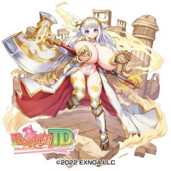  1girl :3 aianchor animal_ears animal_print architecture armor armored_boots axe bikini_armor blue_eyes boots breasts circlet cow_ears cow_girl cow_print cow_tail gigantic_breasts greco-roman_architecture holding holding_weapon hooves horns huge_breasts huge_weapon logo long_hair monster_girl monster_musume_td official_art oppai_loli pasties shortstack silvia_(monster_musume_tf) solo tail thighhighs very_long_hair weapon white_hair  rating:Questionable score:92 user:danbooru