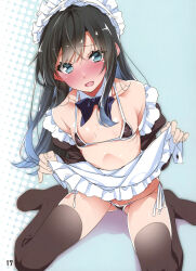  1girl absurdres alternate_costume apron apron_lift aqua_background asashio_(kancolle) bare_shoulders bikini black_bikini black_hair black_thighhighs blue_eyes blush bow bowtie breasts clothes_lift collarbone covered_erect_nipples detached_collar enmaided frills halftone halftone_background highres kantai_collection long_hair looking_at_viewer maid maid_apron maid_headdress micro_bikini mtu_(orewamuzituda) non-web_source open_mouth page_number scan side-tie_bikini_bottom sitting small_breasts smile solo swimsuit thighhighs unconventional_maid waist_apron wariza white_apron 