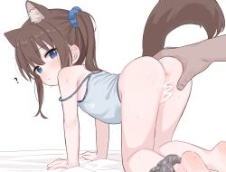 1boy 1girl ? all_fours animal_ear_fluff animal_ears anus ass ass_grab barefoot blue_camisole blue_eyes brown_hair camisole censored dog_ears dog_girl dog_tail feet from_behind gachigachi grey_panties hand_on_another&#039;s_ass highres kneepits legs loli long_hair looking_back original panties panties_around_leg print_panties pussy scribble_censor scrunchie soles spread_pussy strap_slip tail thighs twintails underwear rating:Explicit score:290 user:danbooru