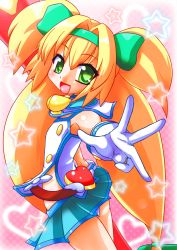  1girl :d arc_system_works ass bad_id bad_pixiv_id blazblue blazblue:_continuum_shift blonde_hair gloves green_eyes hair_intakes hair_ribbon hairband happy heart heart-shaped_pupils highres long_hair low-tied_long_hair magical_girl midriff open_mouth outstretched_hand panties platinum_the_trinity pleated_skirt quad_tails ribbon rifa rifa_(rifa_sp) skirt smile solo star_(symbol) symbol-shaped_pupils twintails underwear white_gloves white_panties 