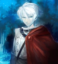 1boy arm_at_side bad_id bad_pixiv_id belt blue_eyes cape duma fantastic_children hair_between_eyes kashikoma male_focus outdoors pale_skin red_cape serious solo upper_body white_hair 