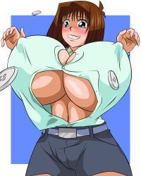  1girl blue_eyes breasts brown_hair bursting_breasts buttons covered_erect_nipples female_focus highres huge_breasts mazaki_anzu popped_button sakabane_lv1 short_hair smile solo yu-gi-oh!  rating:Questionable score:5 user:DarthDaniel96