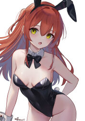  1girl :o absurdres animal_ears bare_shoulders blush bocchi_the_rock! bow bowtie breasts cleavage detached_collar highres kita_ikuyo leotard long_hair medium_breasts minusk9 playboy_bunny rabbit_ears rabbit_tail red_hair side_ponytail solo tail thighs wrist_cuffs yellow_eyes  rating:Sensitive score:36 user:danbooru
