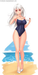  1girl blue_one-piece_swimsuit covered_navel full_body gluteal_fold high_heels highleg highleg_swimsuit highres holding holding_whistle midnight_(banyex) one-piece_swimsuit original red_eyes smile solo swimsuit whistle whistle_around_neck white_hair 