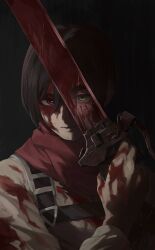  1boy 1girl absurdres black_background black_hair blood blood_on_face blood_on_hands blood_sword brown_eyes closed_mouth darao_(daradara_suyaaa) eren_yeager green_eyes highres holding holding_sword holding_weapon looking_at_viewer mikasa_ackerman red_scarf reflection scarf serious shingeki_no_kyojin spoilers sword upper_body weapon 
