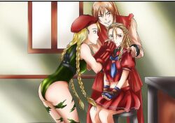  bandaid blonde_hair braid cammy_white capcom child couple family gloves hand_on_another&#039;s_shoulder hat house kanzuki_karin ken_masters laughing leotard long_hair non-web_source paint_on_body red_hair red_hat school_uniform sitting street_fighter twin_braids 