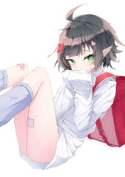  1girl ahoge backpack bag bandaid bandaid_on_knee bandaid_on_leg black_hair blue_socks commentary_request commission covering_own_mouth feet_out_of_frame green_eyes hair_ornament heart heart_hair_ornament kneehighs knees_up long_sleeves looking_at_viewer original pixiv_commission pointy_ears red_bag shirt short_hair sitting sleeves_past_fingers sleeves_past_wrists socks solo usamiusamimii white_shirt 