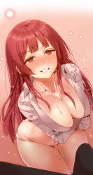 1boy 1girl bent_over blush breast_hold breasts bulge cleavage collarbone dutch_angle erection erection_under_clothes grin hahri&#039;s_lumpy_boardhouse highres large_breasts long_hair long_sleeves mx2j navel nose_blush out_of_frame panties penis pussy_juice red_eyes red_hair simple_background smile solo_focus sweat thigh_gap underwear white_panties won_yesuh rating:Explicit score:56 user:danbooru