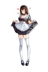  1girl absurdres alternate_costume anger_vein aozaki_aoko apron black_dress black_footwear blush breasts brown_hair closed_mouth commentary dress english_commentary enmaided facing_viewer fate/grand_order fate_(series) full_body garter_straps hair_intakes highres lifted_by_self long_hair mahou_tsukai_no_yoru maid maid_apron maid_headdress mary_janes medium_breasts puff_of_air shoes skirt_hold solo thighhighs wavy_mouth white_background white_garter_straps white_thighhighs white_wrist_cuffs wrist_cuffs yotsutsu428 