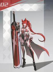  1girl animal_ears breasts gloves high_heels highleg highleg_leotard highres holding holding_weapon leotard long_hair looking_at_viewer necktie original red_eyes red_hair science_fiction smile smjim1986 solo sword thighhighs very_long_hair weapon white_background 