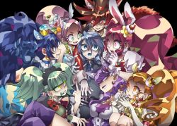  10s 1boy 6+girls :d animal_ears arisugawa_himari biburi_(precure) black_background black_hairband black_shirt blue_eyes blue_gloves blue_hair blue_neckwear blue_tongue boots brown_eyes brown_hair brown_hat cake_hair_ornament cat_ears choker clenched_teeth colored_tongue crossed_legs crown cure_chocolat cure_custard cure_gelato cure_macaron cure_parfait cure_whip doll earrings extra_ears fang food-themed_hair_ornament gloves glowing glowing_eyes green_eyes green_hair grin hair_ornament hairband hat jewelry julio_(precure) kenjou_akira kirahoshi_ciel kirakira_precure_a_la_mode kotozume_yukari lion_ears long_hair looking_at_another macaron_hair_ornament magical_girl middle_finger mini_crown multiple_girls nervous open_mouth own_hands_together pink_hair pom_pom_(clothes) pom_pom_earrings ponytail precure purple_eyes purple_footwear purple_hair rabbit_ears red_eyes red_hair red_hat senmu_(0107) sharp_teeth shirt short_hair simple_background smile squirrel_ears squirrel_tail sweat swept_bangs tail tategami_aoi teeth thigh_boots thighhighs tongue top_hat twintails usami_ichika white_gloves wide-eyed yellow_eyes  rating:Sensitive score:5 user:danbooru