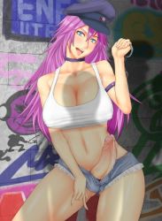  1futa blue_eyes breasts capcom choker cleavage cock_ring cuffs erection final_fight futanari handcuffs hat naughty_face newhalf no_bra no_panties open_mouth penis poison_(final_fight) precum purple_hair sex_toy shadow shinku_p short_shorts shorts solo third-party_edit  rating:Explicit score:117 user:MissLeading
