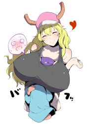 10s 1boy 1girl ^_^ age_difference bare_shoulders baseball_cap between_breasts blonde_hair blue_shirt blush breasts closed_eyes covered_erect_nipples dragon_girl dragon_horns happy hat head_between_breasts heart highres horns huge_breasts jikatarou kobayashi-san_chi_no_maidragon long_hair long_sleeves lucoa_(maidragon) magatsuchi_shouta navel shirt shota simple_background smile sweatdrop tank_top thought_bubble under_another&#039;s_clothes upper_body white_background rating:Questionable score:126 user:danbooru