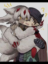  1boy 1girl ? android animal_ear_fluff ato_(hitoriga564) biting blush brown_hair cape carrying cheek_biting child claws collar collarbone commentary_request cowboy_shot damaged dark-skinned_female dark_skin extra_arms facial_tattoo fake_horns fang faputa fluff fluffy fluffy_hair full_body furry hair_between_eyes helmet highres horned_helmet horns made_in_abyss mechanical_arms mechanical_hands metal_collar multicolored_clothes multiple_tails open_mouth pointy_ears red_cape red_claws regu_(made_in_abyss) robot slit_pupils standing sweat sweatdrop tail tattoo v-shaped_eyebrows very_dark_skin white_background white_fur white_hair worried yellow_eyes 