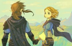  1boy 1girl 51amimn bag black_gloves blonde_hair blue_eyes blue_tunic breasts brown_hair champion&#039;s_tunic_(zelda) closed_mouth day fingerless_gloves gloves grass hair_ornament hairclip highres holding_hands hood hood_down link long_sleeves mountain nintendo outdoors pointy_ears ponytail princess_zelda sky the_legend_of_zelda the_legend_of_zelda:_breath_of_the_wild tunic 