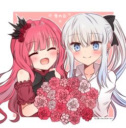  2girls baobhan_sith_(chaldea_satellite_station)_(fate) baobhan_sith_(fate) bare_shoulders black_bow blue_eyes blush border bouquet bow closed_eyes cropped_torso dress fang fate/grand_order fate_(series) flower hair_flower hair_ornament hair_ribbon holding holding_bouquet long_hair morgan_le_fay_(chaldea_satellite_station)_(fate) morgan_le_fay_(fate) mother_and_daughter multiple_girls open_mouth pink_background pink_flower pink_hair ponytail red_dress red_flower ribbon riko_(riko2024riko) shirt sidelocks smile twitter_username upper_body white_background white_border white_hair white_shirt 
