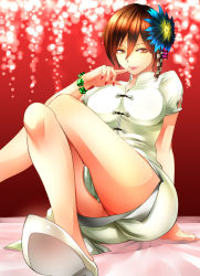  1girl ada_wong bracelet breasts brown_eyes brown_hair china_dress chinese_clothes dress finger_to_mouth fingernails flower hair_flower hair_ornament jewelry large_breasts crossed_legs nagare nail_polish resident_evil resident_evil_6 shirt shoes short_hair sitting solo taut_clothes taut_shirt tongue  rating:Sensitive score:56 user:danbooru