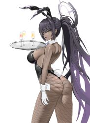 1girl alcohol animal_ears ass bare_back bigyann176 black_hair black_leotard blue_archive breasts champagne_flute commentary cup dark-skinned_female dark_skin detached_collar drinking_glass english_commentary fake_animal_ears fishnet_pantyhose fishnets from_behind gradient_hair halo highres holding holding_tray karin_(blue_archive) karin_(bunny)_(blue_archive) large_breasts leotard long_hair looking_at_viewer mixed-language_commentary multicolored_hair official_alternate_costume open_mouth pantyhose playboy_bunny purple_hair purple_halo rabbit_ears rabbit_tail simple_background standing tail tray white_background yellow_eyes