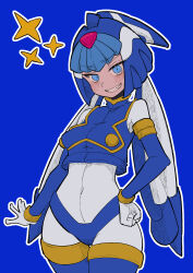 1girl absurdres android armor blue_armor blue_background blue_eyes blue_helmet blue_sleeves blue_vest blush bodysuit boots breasts buzzlyears covered_navel cowboy_shot crop_top crotch_plate detached_sleeves fairy_leviathan_(mega_man) forehead_jewel hand_on_own_hip helmet highres looking_at_viewer medium_breasts mega_man_(series) mega_man_zero_(series) sharp_teeth simple_background smile solo star_(symbol) teeth thigh_boots vest white_bodysuit  rating:General score:5 user:danbooru