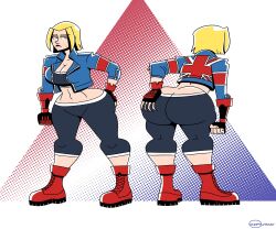 1girl ass blonde_hair blue_eyes breasts cammy_white capcom female_focus gloves huge_ass ineptoutcast lipstick makeup red_gloves solo street_fighter street_fighter_6 thighs