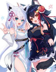  2girls absurdres ahoge animal_ear_fluff animal_ears black_hair blush braid breasts china_dress chinese_clothes cleavage commentary_request dress earrings fang fox_ears fox_girl fox_shadow_puppet fox_tail green_eyes hair_between_eyes hair_ornament halter_dress halterneck highres hololive jewelry long_hair looking_at_viewer medium_breasts multicolored_hair multiple_girls ookami_mio open_mouth pentagram red_hair shirakami_fubuki sidelocks single_braid skin_fang soma443 streaked_hair tail tail_around_own_leg virtual_youtuber white_hair wolf_ears wolf_girl wolf_tail yellow_eyes 