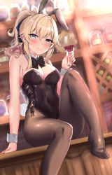&gt;:) 1girl absurdres animal_ears arm_support bare_shoulders black_bow black_leotard blonde_hair blue_eyes blurry blurry_background blush bow bowtie breasts cleavage covered_navel cup detached_collar drinking_glass closed_eyes fake_animal_ears fake_tail feet fishnet_pantyhose fishnets genshin_impact glint highleg highleg_leotard highres hisuka holding holding_cup indoors jean_(genshin_impact) leotard looking_at_viewer medium_breasts no_shoes pantyhose playboy_bunny rabbit_ears rabbit_tail sitting sitting_on_table smile solo strapless strapless_leotard tail tavern wine_glass wing_collar wrist_cuffs rating:Sensitive score:57 user:danbooru