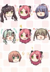  6+girls :d ? ^_^ amamiya_sophia_seren assault_lily black_flower blush bow braid brown_hair chibi closed_eyes closed_mouth commentary flower flower_(symbol) flying_sweatdrops french_braid fukuyama_jeanne_sachie green_bow green_eyes green_hair grey_bow grey_hair grid_background hair_bow hair_flower hair_ornament hair_ribbon hairpods half_updo head_only heterochromia kamigoori_marimo kishimoto_lucia_raimu lightning_bolt_symbol long_hair looking_ahead looking_at_another looking_to_the_side low_twintails mole mole_under_eye multiple_girls multiple_views nigari_(ngari_0115) notice_lines one_side_up open_mouth orange_hair parted_bangs pink_background pink_bow puff_of_air red_eyes red_hair ribbon shiba_tomoshibi short_hair sideways_glance smile squiggle sweatdrop twin_braids twintails ueda_imari v-shaped_eyebrows wavy_hair wavy_mouth white_ribbon yellow_flower 