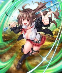 1girl ahoge asahi breasts brown_hair cleavage curvy female_focus full_body highres horns large_breasts long_hair looking_at_viewer no_bra open_mouth pointy_ears red_eyes rina_(taimanin_asagi) shiny_skin skirt sky smile solo sword taimanin_(series) taimanin_asagi taimanin_asagi_kessen_arena weapon rating:Sensitive score:12 user:fakyuh