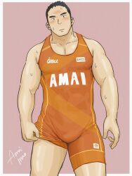 1boy amaimao bara bodysuit_lift bulge cowboy_shot forehead_blush highres male_focus muscular muscular_male original pectoral_cleavage pectorals short_hair singlet solo standing sweat thick_eyebrows tight_clothes 
