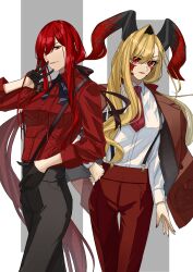  2girls absurdres alternate_costume black_gloves black_horns black_pants blonde_hair breasts cape collared_shirt dragon_horns facial_mark fate/grand_order fate_(series) formal gloves hair_over_one_eye highres hiyoko_no_tamago horns jacket jacket_on_shoulders large_breasts long_hair long_horns long_sleeves looking_at_viewer multiple_girls necktie nero_claudius_(fate) nero_claudius_(fate)_(all) oda_nobunaga_(fate) oda_nobunaga_(maou_avenger)_(fate) pants pointy_ears queen_draco_(fate) queen_draco_(third_ascension)_(fate) red_eyes red_hair red_scales red_shirt shirt smile solo suspenders very_long_hair wavy_hair white_shirt 