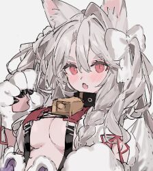  1girl animal_ear_fluff animal_ears animal_hands aogisa azur_lane bell bow braid breasts fang hair_between_eyes hair_bow highres long_hair looking_at_viewer medium_breasts neck_bell official_alternate_costume parted_lips red_eyes simple_background sketch skin_fang slit_pupils solo underboob upper_body white_background white_bow wolf_ears wolf_girl yuudachi_(azur_lane) yuudachi_(woofy_floofy_christmas_night)_(azur_lane) 