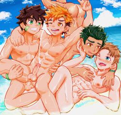  4boys anal armpits bandana_around_neck blush brown_hair camp_buddy completely_nude cum cum_in_ass cum_on_self day ejaculating_while_penetrated ejaculation green_eyes green_hair guinneson_cb hair_ornament hairclip highres hiro_akiba jewelry keitaro_nagame male_focus multiple_boys muscular muscular_male necklace nipples nude ocean one_eye_closed orange_eyes orange_hair partially_submerged pectorals shota tongue tongue_out wink yaoi  rating:Explicit score:38 user:TickTack