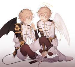 10s 2boys angel_wings armor blonde_hair boots child closed_mouth comaco cross-laced_footwear demon_wings dual_persona frills full_body gradient_background half-closed_eyes halo horns japanese_armor knees_up lace-up_boots pantyhose_under_shorts male_focus military military_uniform monoyoshi_sadamune multicolored_hair multiple_boys open_mouth pantyhose pantyhose_under_shorts personification shorts simple_background sitting smile sword tail touken_ranbu two-tone_hair uniform wavy_hair weapon wings yellow_eyes rating:Sensitive score:5 user:violetnyx