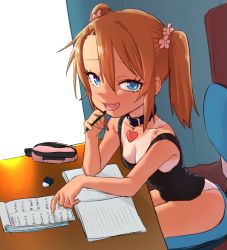  1girl :d animal_collar ass bdsm black_tank_top blue_eyes blush breasts brown_hair chair cleavage collar desk ebisujima_misato eraser eyelashes fang flower hair_flower hair_ornament heart_pendant homework jewelry leaning_forward loli looking_at_viewer medium_breasts naughty_face no_pants notebook notepad office_chair open_mouth original panties pencil pencil_case pendant pink_panties ringed_eyes slave sleeveless smile solo strap_gap strap_slip swivel_chair tan tank_top tanline twintails underwear yuma_(ebisujima_misato)  rating:Questionable score:350 user:danbooru