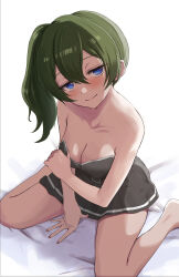  1girl absurdres bare_shoulders barefoot between_legs black_dress blue_eyes breasts cleavage collarbone commentary_request dress full_body green_hair half-closed_eyes hand_between_legs highres jitome large_breasts long_hair paid_reward_available pleated_dress sasasa_r_23 side_ponytail sitting smile solo sousou_no_frieren ubel_(sousou_no_frieren) wariza white_background 