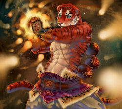  1boy collaboration_request commentary energy_ball english_commentary fantasy fingerless_gloves furry furry_male gloves gourd incoming_attack looking_at_viewer magic male_focus muscular muscular_male original rumlockerart solo tiger_boy topless_male  rating:Sensitive score:1 user:danbooru
