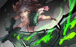  1girl armor attack bandages broken broken_sword broken_weapon capelet chain fighting_stance gauntlets glowing glowing_runes holding holding_sword holding_weapon league_of_legends looking_at_another muscular muscular_female ponytail riven_(league_of_legends) runes shoulder_pads simple_background skirt solo swing sword taojinn015 thick_thighs thighs veins weapon white_hair yellow_eyes 