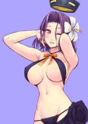 10s 1girl arms_up bikini black_bikini blue_background blush breasts covered_erect_nipples duplicate female_focus flower hair_flower hair_ornament halo hibiscus kantai_collection large_breasts mechanical_halo one_eye_closed parted_lips purple_eyes purple_hair short_hair simple_background smile solo swimsuit tatsuta_(kancolle) yuuji_(and) rating:Sensitive score:36 user:danbooru