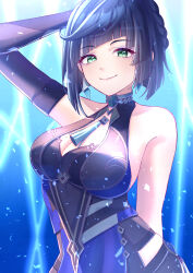 1girl absurdres arm_up bare_shoulders blue_background blue_hair blunt_bangs breasts cleavage commentary_request dress eyeshadow genshin_impact green_eyes highres large_breasts looking_at_viewer makeup mole mole_on_breast short_hair sleeveless sleeveless_dress smile solo upper_body watatai yelan_(genshin_impact)