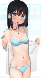 1girl apollo_(hu_maple) black_hair blue_bra blue_eyes blue_panties bow bow_bra bow_panties bra breasts collarbone cowboy_shot crotch_seam dress_shirt hair_bow hair_ornament hair_tie_in_mouth highres lace lace-trimmed_bra lace-trimmed_panties lace_trim long_sleeves medium_hair mouth_hold navel no_pants open_clothes open_shirt opened_by_self original panties shirt simple_background small_breasts solo standing underwear undressing white_background white_bow white_shirt 