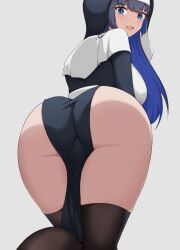  1girl ass ass_focus back black_thighhighs blue_eyes blue_hair blush breasts colored_inner_hair gluteal_fold highres hololive hololive_english huge_ass large_breasts leaning_forward looking_at_viewer looking_back looking_down multicolored_hair nun open_mouth ouro_kronii pelvic_curtain self-upload sideboob smile solo thighhighs virtual_youtuber white_background zeropen  rating:Sensitive score:72 user:danbooru