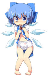  1girl barefoot blue_eyes blue_hair cirno clothes_lift clothes_pull diaper dress dress_lift embodiment_of_scarlet_devil fairy hair_ribbon knees_together_feet_apart lifting_own_clothes mamo_williams matching_hair/eyes midriff navel pigeon-toed quivering_lip ribbon skirt skirt_pull solo touhou wavy_mouth wings  rating:Questionable score:39 user:danbooru