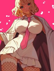  1girl blonde_hair blue_eyes breasts collared_dress cowboy_shot curly_hair dress fishnet_pantyhose fishnets from_above highres jacket jacket_on_shoulders kurage20001 large_breasts looking_at_viewer necktie one_piece pantyhose petals pink_background pink_lips pink_necktie short_dress sleeveless sleeveless_dress solo stussy_(one_piece) white_dress white_jacket 