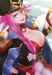  1girl black_coat blue_eyes braid breasts cleavage cloud coat epaulettes fate/grand_order fate_(series) francis_drake_(fate) gem gun hand_on_own_hip hat highres holding holding_gun holding_weapon jacket large_breasts long_hair looking_at_viewer mg_1016 open_mouth pants pink_hair pirate pirate_hat scar shiny_skin signature sky smile solo weapon white_pants 