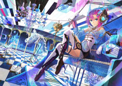  1girl blue_eyes boots chandelier checkered_floor crescent_moon elbow_gloves exit_tunes floor flower fuzichoco glass gloves headphones holding instrument microphone moon musical_note original pink_hair revision ripples sitting sky solo star_(sky) starry_sky thigh_boots thighhighs trumpet unicorn violin  rating:Sensitive score:6 user:j00ed