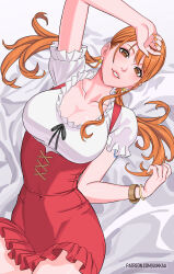  1girl arm_up bangle bed_sheet bracelet breasts brown_eyes cleavage collarbone commentary covered_navel cowboy_shot cross-laced_clothes cross-laced_skirt earrings english_commentary frilled_shirt frilled_skirt frills from_above gold_earrings jewelry large_breasts light_blush log_pose long_hair looking_at_viewer low_twintails lying miniskirt nail_polish nami_(one_piece) official_alternate_costume on_back one_piece orange_hair orange_nails paid_reward_available parted_lips patreon_username pearl_earrings red_skirt shirt short_sleeves shoulder_tattoo single_earring skirt smile solo tattoo tight_clothes twintails uukkaa wavy_hair 