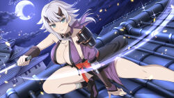 1girl absurdres architecture armor bare_shoulders black_panties blue_eyes blue_hair breasts choker cleavage cloud crescent_moon crossover east_asian_architecture falling_petals forehead_protector gauntlets headgear highres horn_ornament horns japanese_armor japanese_clothes large_breasts lipstick looking_at_viewer makeup moon night night_sky ninja official_art panties petals purple_lips queen&#039;s_blade sash senran_kagura senran_kagura_new_link shizuka_(queen&#039;s_blade) short_hair short_sword shoulder_armor sideboob sky smile sode solo spread_legs squatting sword tantou underwear weapon yaegashi_nan 