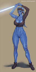  1girl aayla_secura abs alien blue_lightsaber blue_skin bottomless breasts brown_eyes brown_footwear brown_shirt cleavage cleft_of_venus colored_skin crop_top energy_sword full_body gluteal_fold holding_lightsaber kupocun large_breasts lightsaber looking_at_viewer navel patreon_username pussy shadow shirt shoes simple_background solo star_wars sword twi&#039;lek watermark weapon web_address 