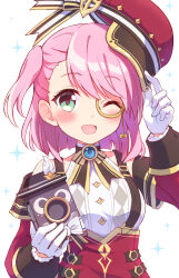  1girl bare_shoulders blue_brooch blue_gemstone blush cabbie_hat camera charlotte_(genshin_impact) cross-laced_clothes detached_sleeves gem genshin_impact gloves gold_trim_bow hat hat_feather highres holding holding_camera holding_clothes holding_hat jewelry long_sleeves looking_at_viewer maruyama_en monocle one_eye_closed open_mouth pink_hair puffy_detached_sleeves puffy_sleeves red_hat red_sleeves shirt short_hair simple_background smile solo suspenders white_background white_gloves white_shirt 
